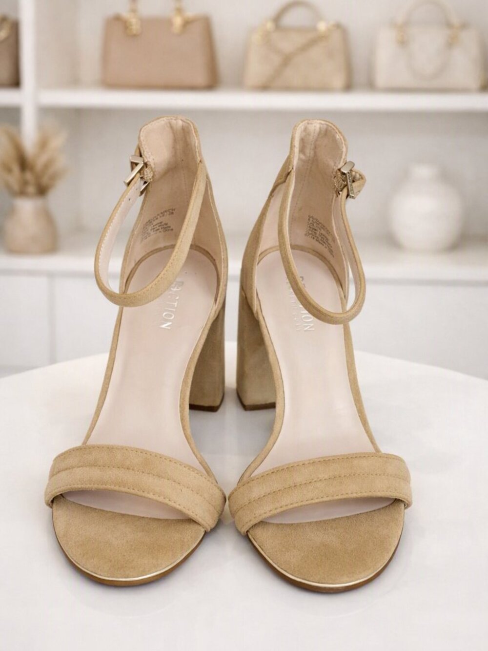 Kenneth Cole Reaction Lolita Women's Beige Suede Ankle-Strap Block Heels 8.5